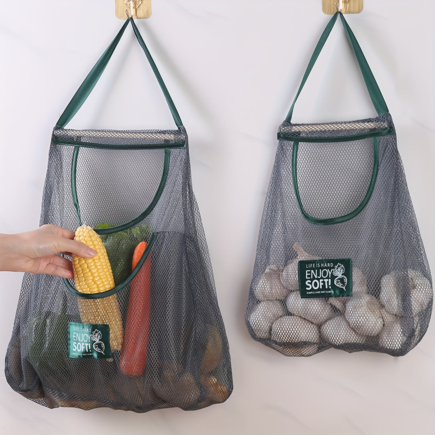 Bolsa de almacenamiento colgante de malla para frutas, verduras, ajo, jengibre, cebolla, organizador de cocina