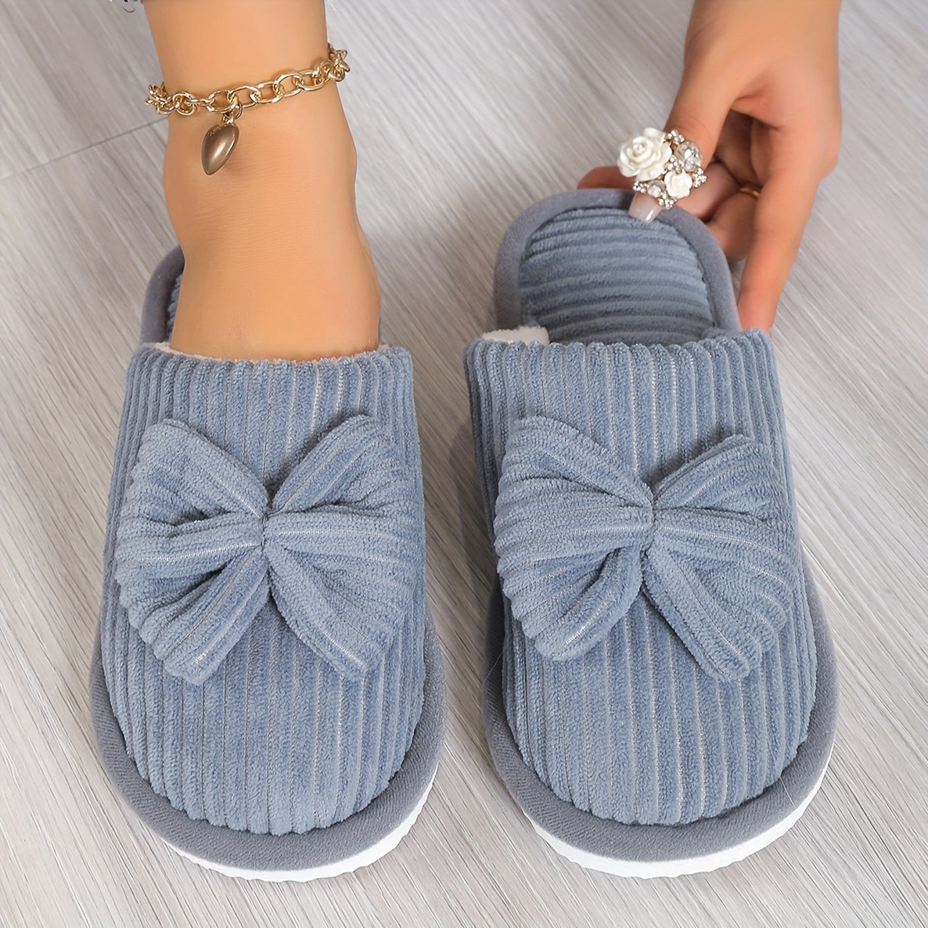 Fuzzy Slippers with Bowknot Soft Sole Fabric Indoor Casual Slip-On for Winter