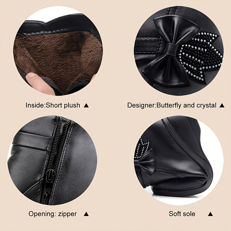 Женские зимние ботильоны на танкетке, широкий размер, с бантом, с застежкой на молнии с стразами, водонепроницаемые и с мягкой подкладкой.