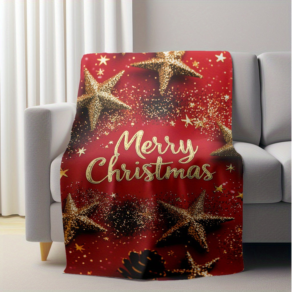Christmas Flannel Throw Blanket with Golden Stars Red Background Soft Plush Lightweight All-Season Home Sofa Camping Car Travel