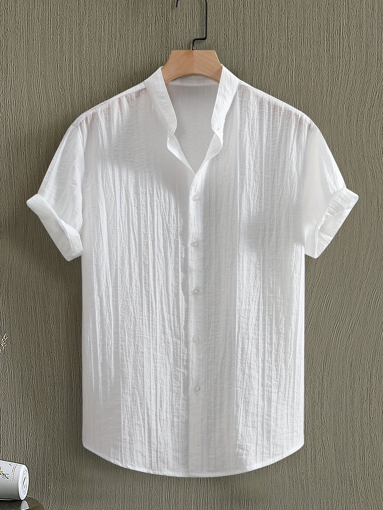 Men's Black Short Sleeve Casual Shirt Lyocell Stand Collar Pocket Summer