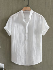 Men's Black Short Sleeve Casual Shirt Lyocell Stand Collar Pocket Summer