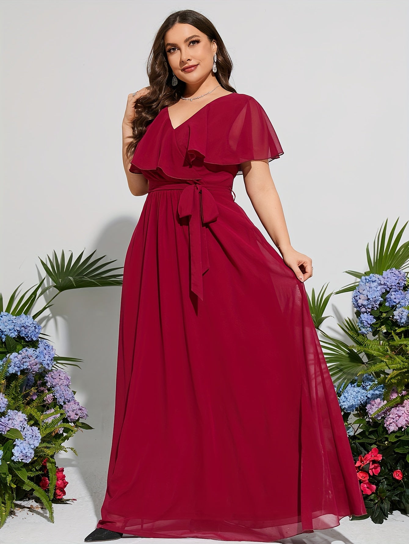 Plus Size V-Neck Chiffon Gown with Ruffled Sleeves and High Waist Purple