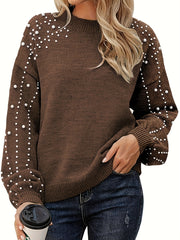 Plus Size Women's Knitted Sweater with Faux Pearl Decor Long Sleeve Pullover
