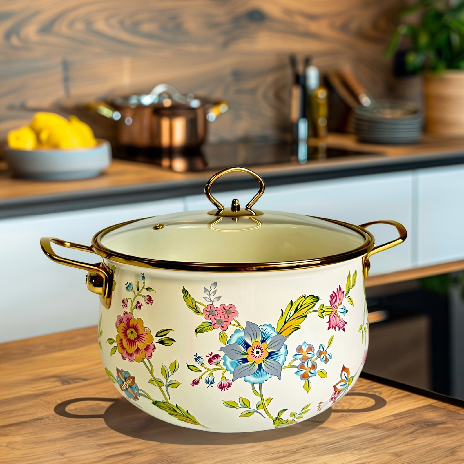 Enamel Double-Handled Soup Pot 5L Non-Stick Dishwasher Safe Floral Design