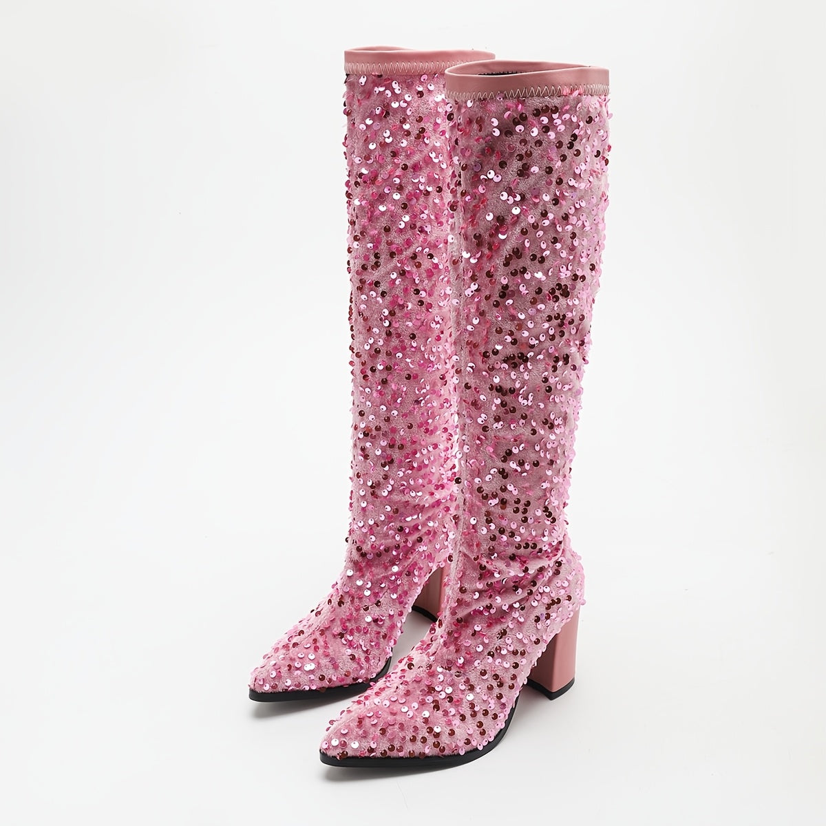 Women's Glitter Block Heel Ankle Boots Pointed Toe Fabric Upper All-Season