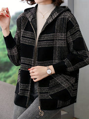Women's Casual Plaid Hoodie Jacket Long Sleeve Spring Fall Black White Polyester Blend Loose Fit