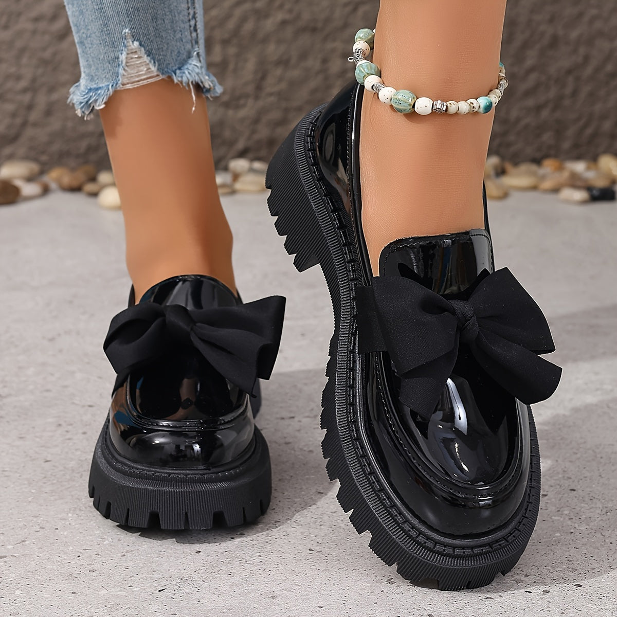 Women’s Synthetic Leather Slip-On Penny Loafers with Bow Flats