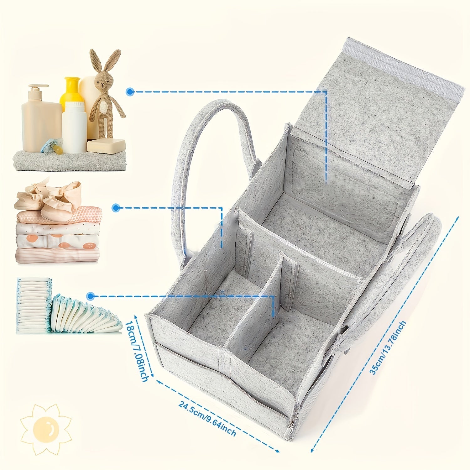 Set de organizador de pañales con tapa, bolso de pañales de fieltro, cesta de bebé, tote para cuna, para cochecito, gris