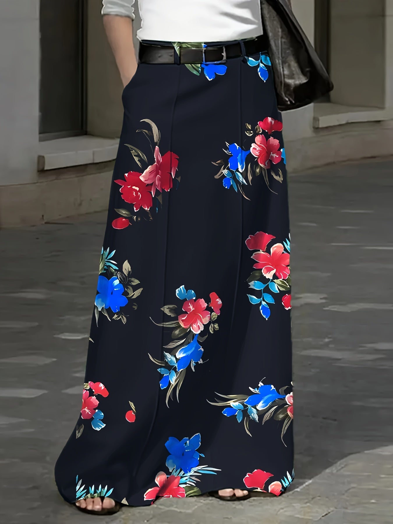 Plus Size Floral Skirt With Pockets High Waist Polyester All Seasons