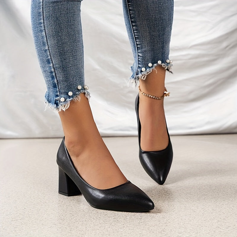 Women's Solid Color Pointed Toe Dress Pumps with Block Heel for Fall