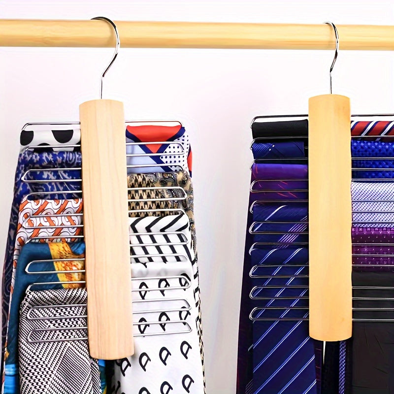 Wooden Tie Organizer with Belt Rack and 20 Hooks for Accessory Storage