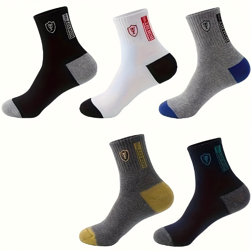 Men's Crew Socks 5 Pairs Breathable Soft Casual Knit Polyester Spandex Alphabet Pattern