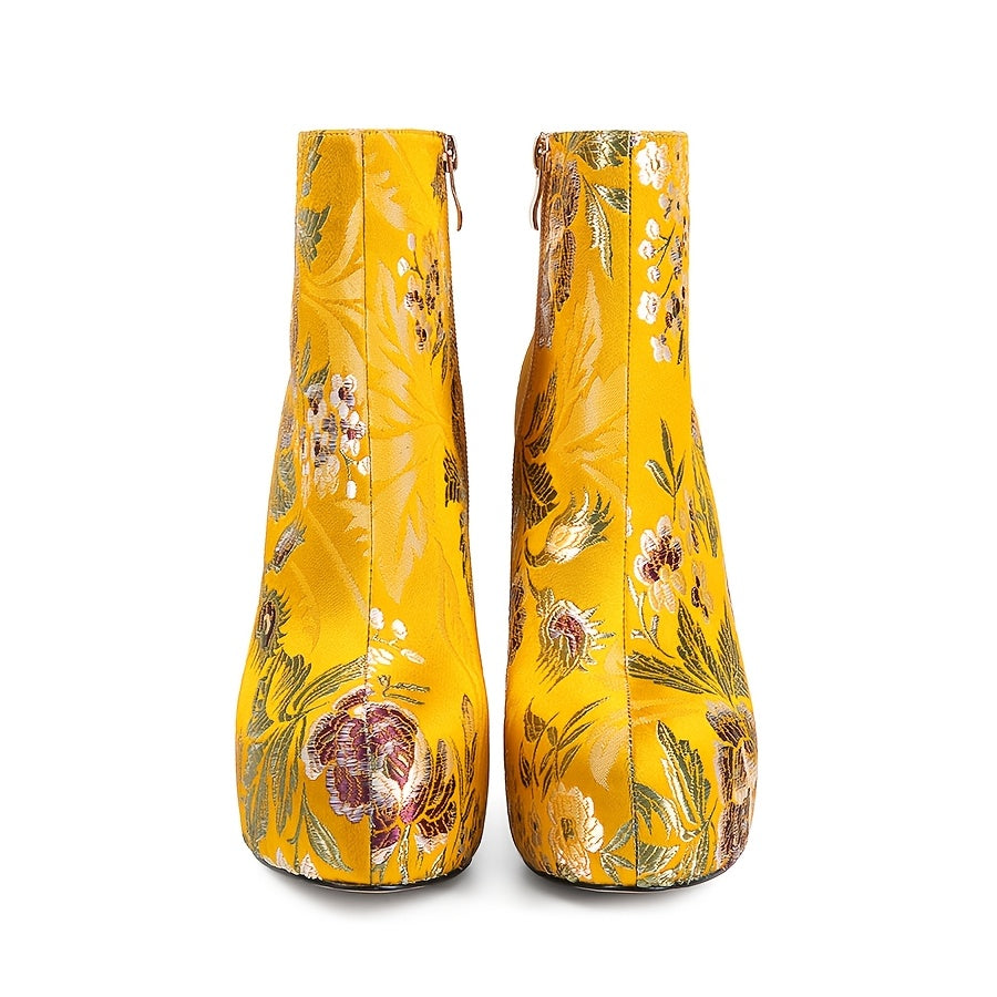 Women Floral Embroidered Ankle Boots Fabric Round Toe Zipper Heels
