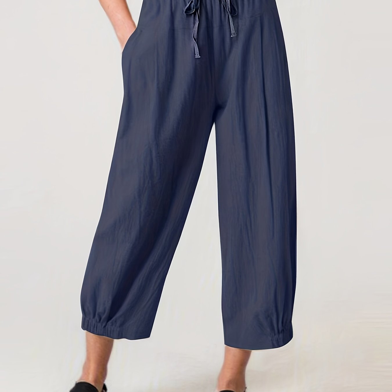 Women's Solid Color Straight-Leg Pants with Elastic Waist and Pockets