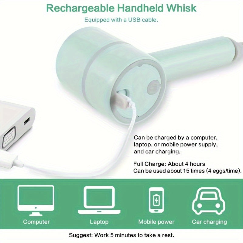 Batidora de mano recargable por USB con 3 velocidades y accesorio batidor para procesamiento de alimentos