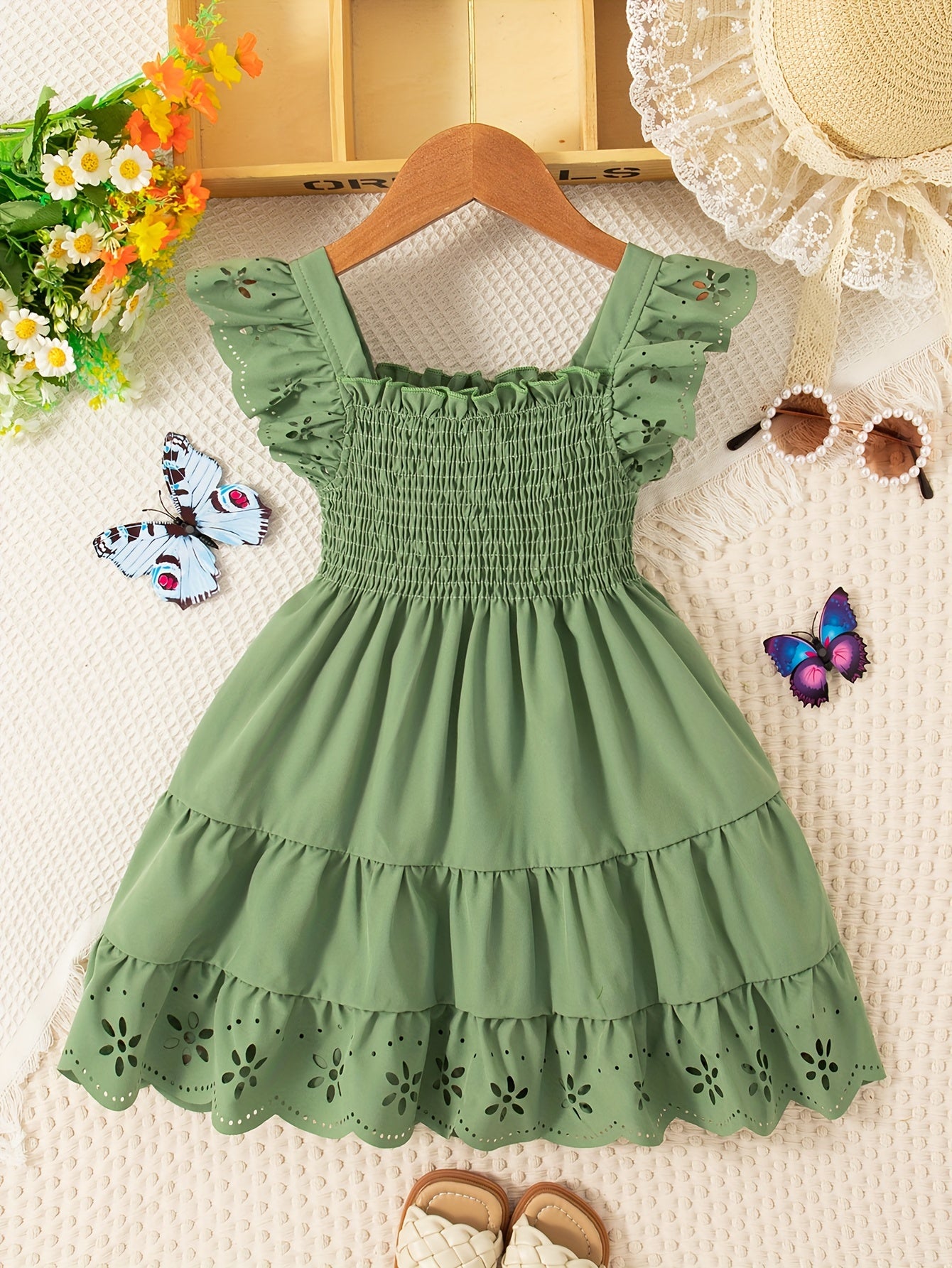 Girls Summer Solid Ruffle Sleeve Square Neck Knee High Dress