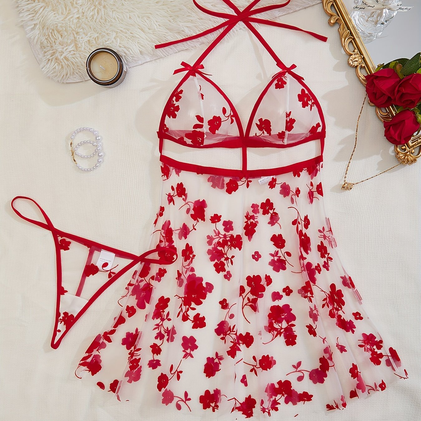 Women's Red Floral Sheer Mesh Lingerie Set with Halter Top and Thong