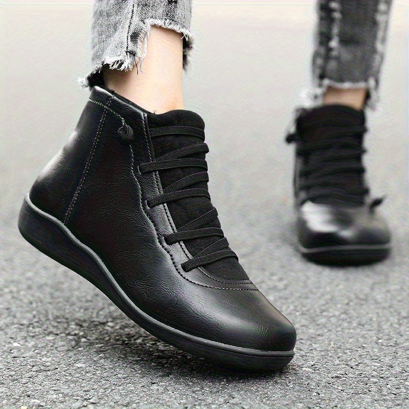 Women's Casual Ankle Boots Brown PU Low Heel Round Toe Lace-Up