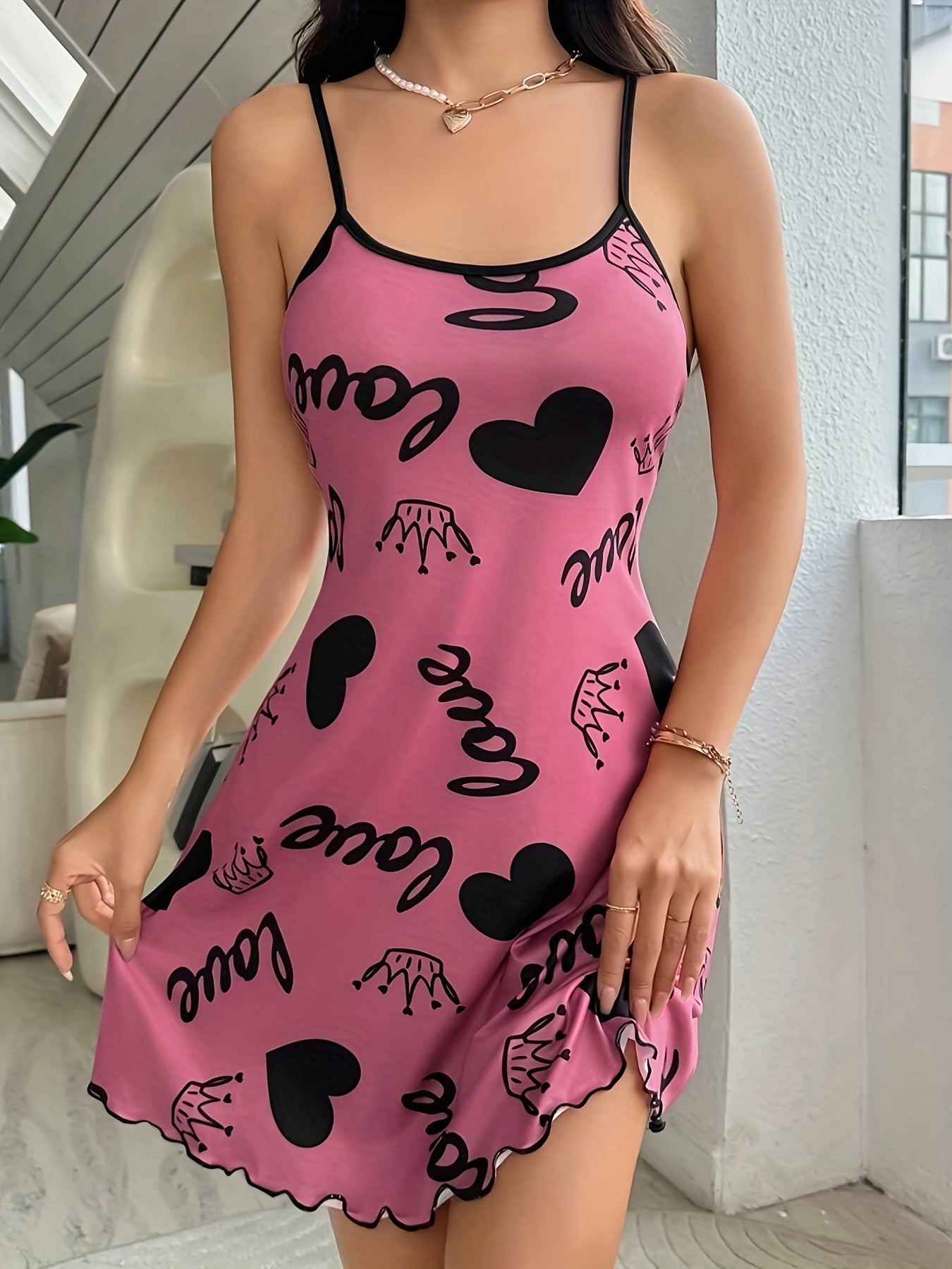 Pink Sleeveless Nightdress for Teens with Heart and Crown Print Polyester Blend Casual Loungewear