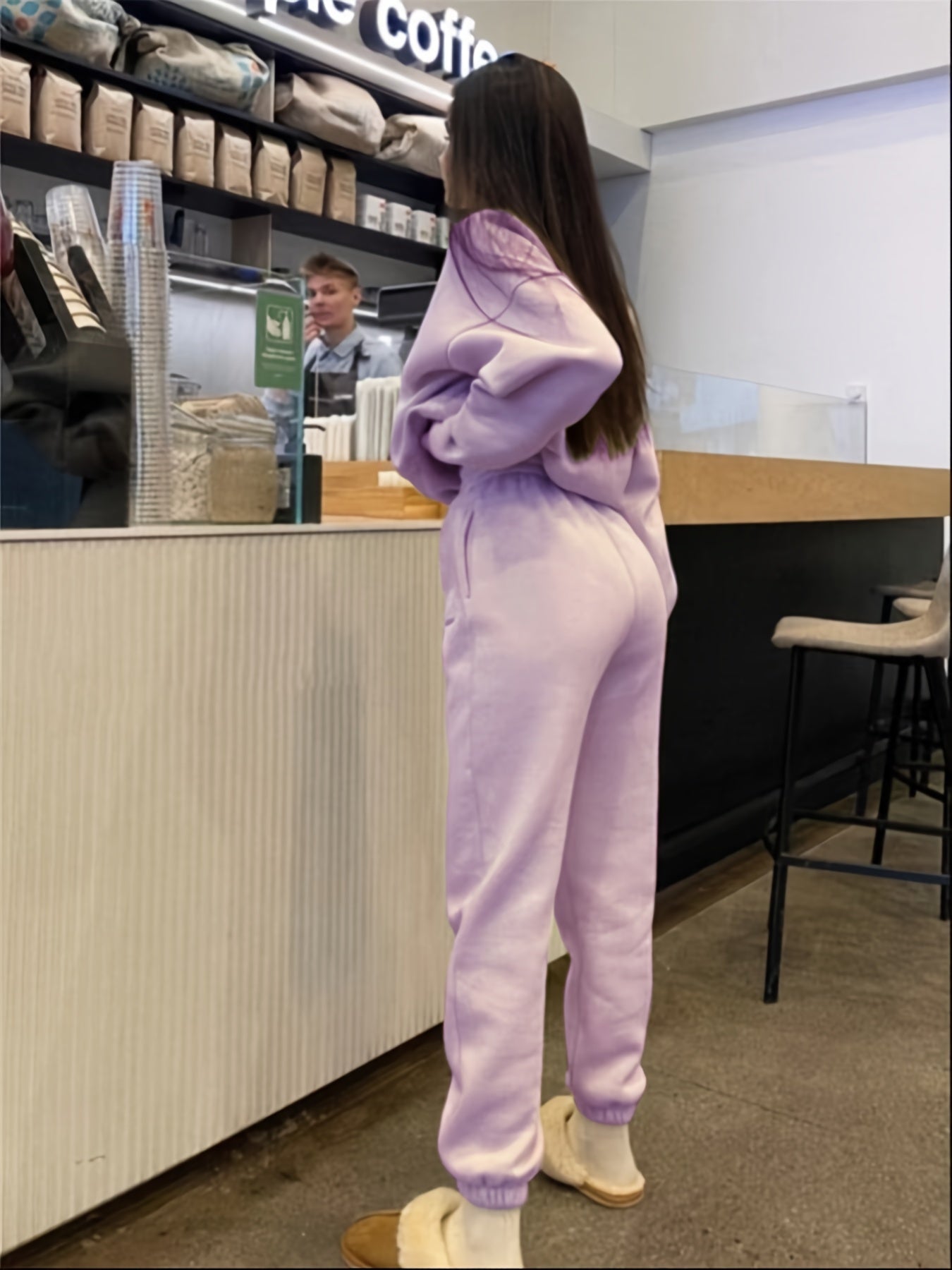 Women's Warm Crew Neck Sweatshirt and Jogger Set with Letter Pattern for Casual Sports