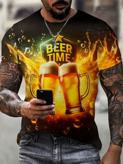 Camiseta gráfica de talla grande para hombre con diseño de cerveza y llama, mezcla de algodón, casual de manga corta