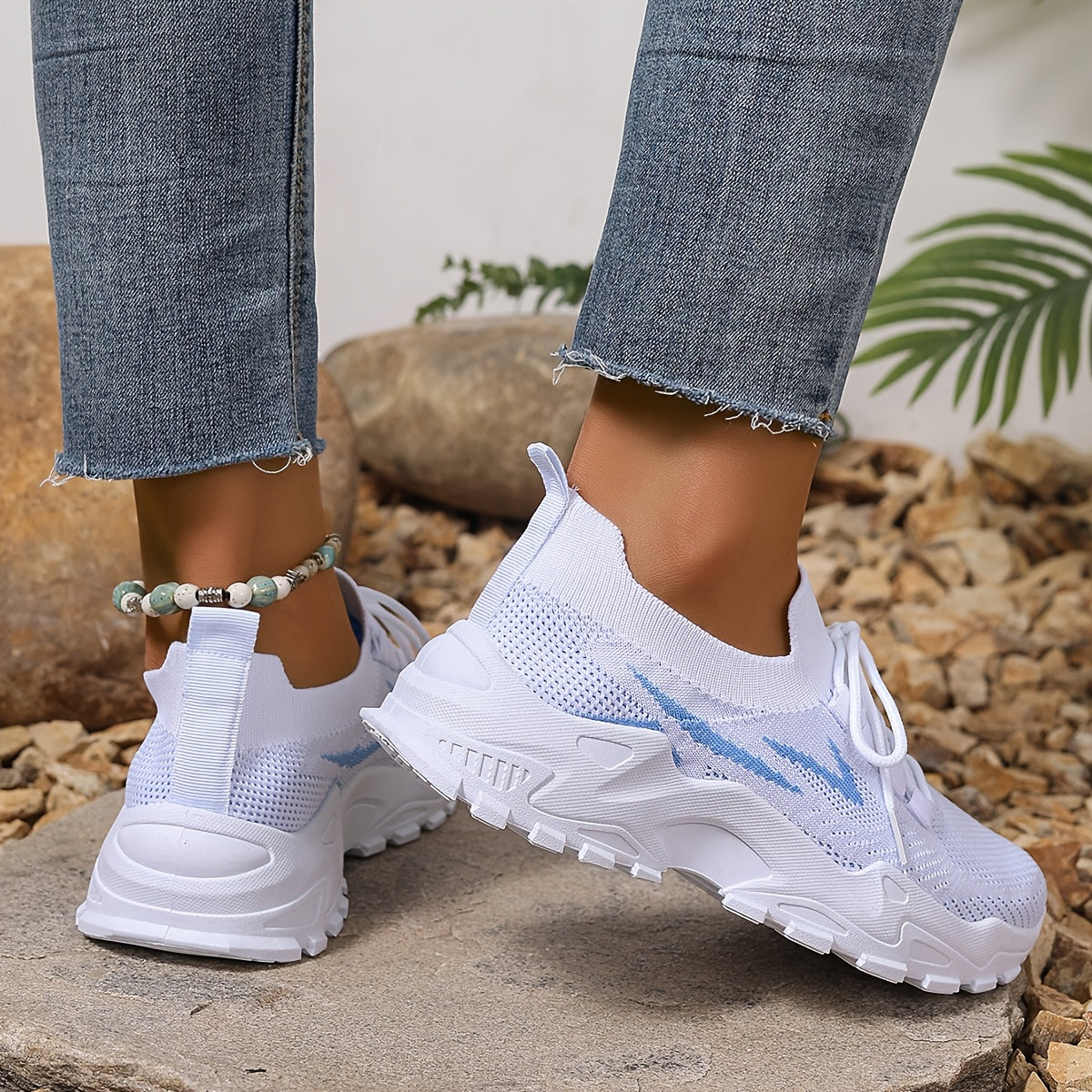 Women's Mesh Sneakers Breathable Lace-Up Running Shoes Lightweight Casual Blue White