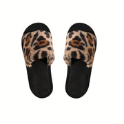 Women's Leopard Print Plush Slip-On Indoor Slippers with Soft Sole