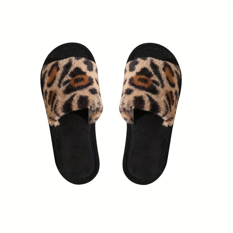 Women's Leopard Print Plush Slip-On Indoor Slippers with Soft Sole