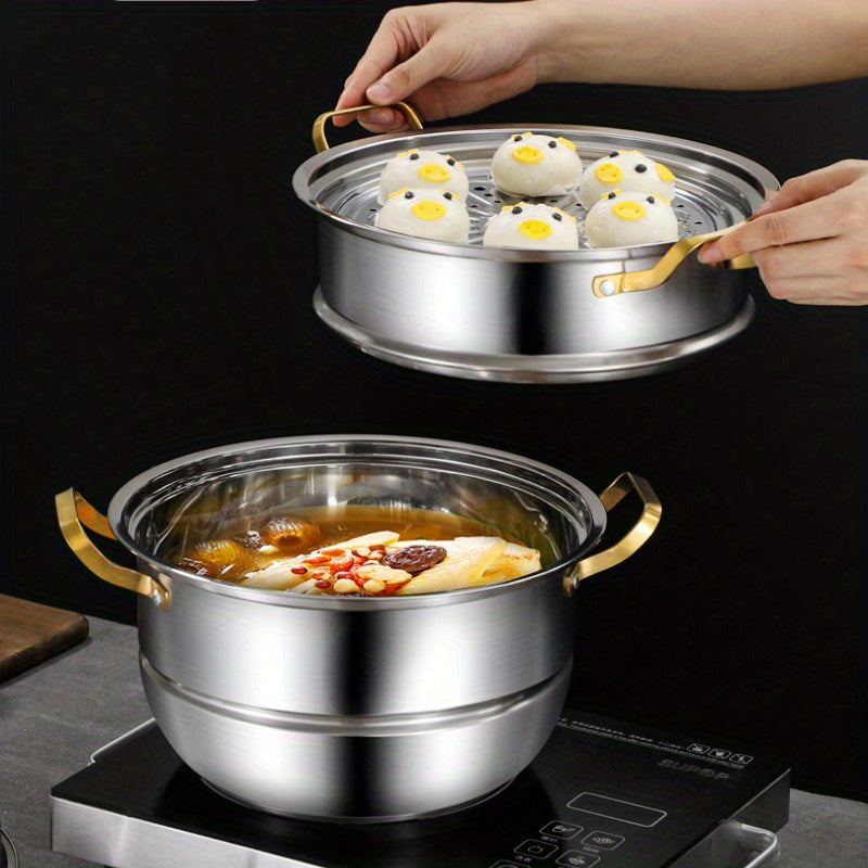 Stainless Steel Double Layer Steamer Pot 27.94cm with Multi-Tiered Dumpling Insert