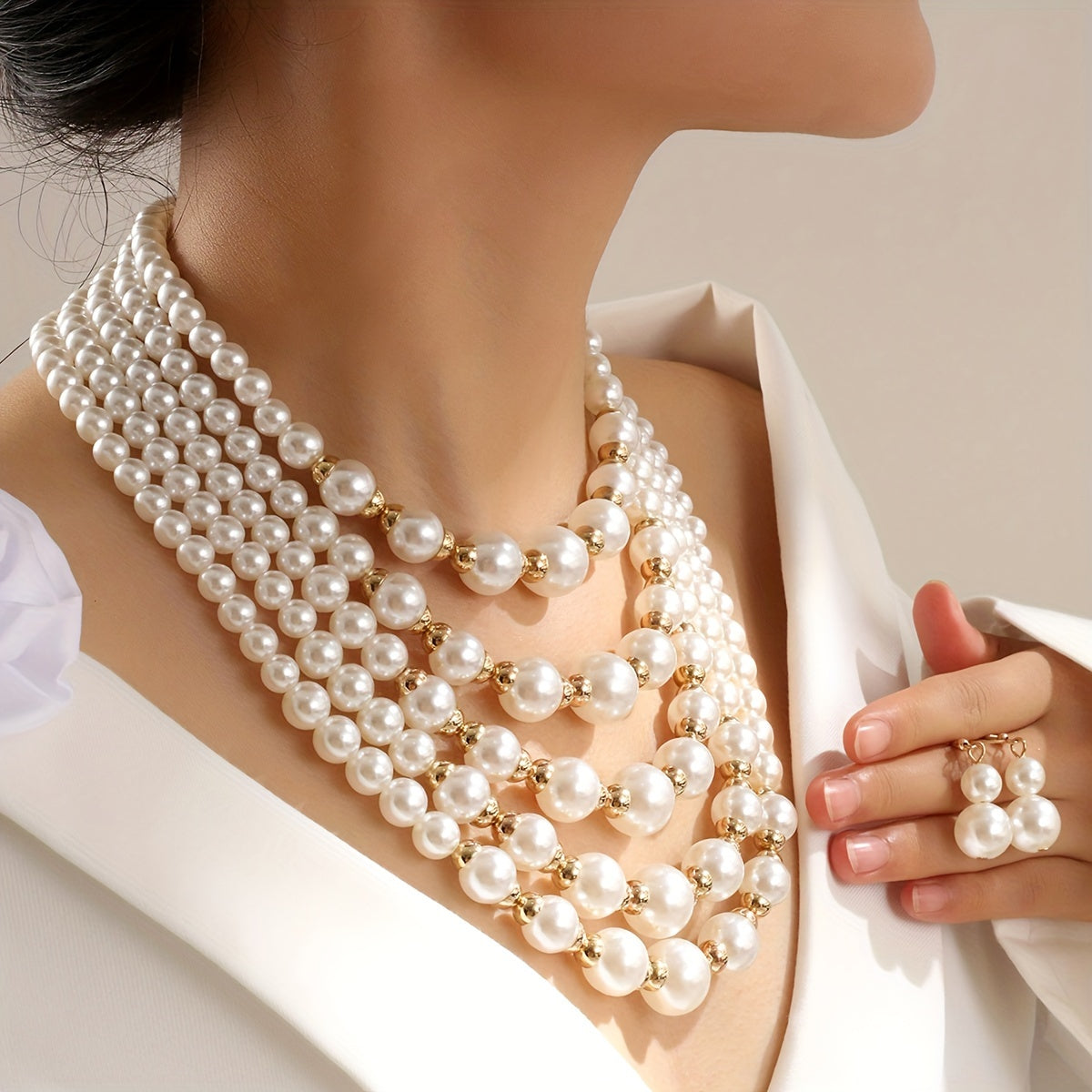 Vintage-Inspired Multi-Layer Pearl Jewelry Set with Necklace and Earrings for Weddings and Gifts