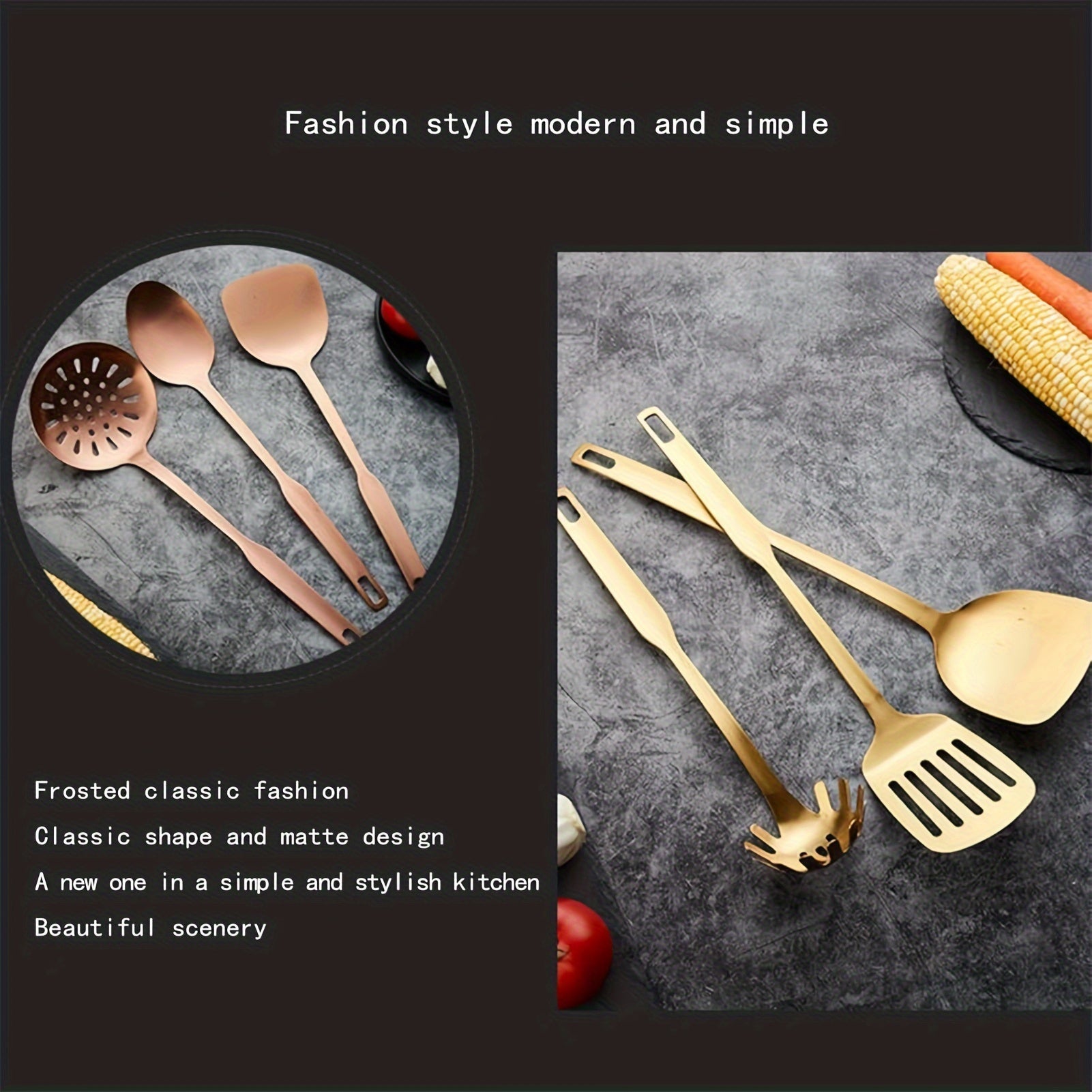 Set of 6 Stainless Steel Kitchen Utensils Non-Magnetic Rust-Resistant Matte Finish