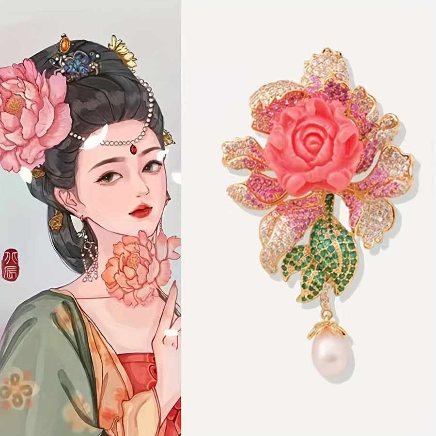 Peony gul broshka sun'iy marjonlar va rhinestones bilan Cheongsam Hanfu palto bezaklari uchun