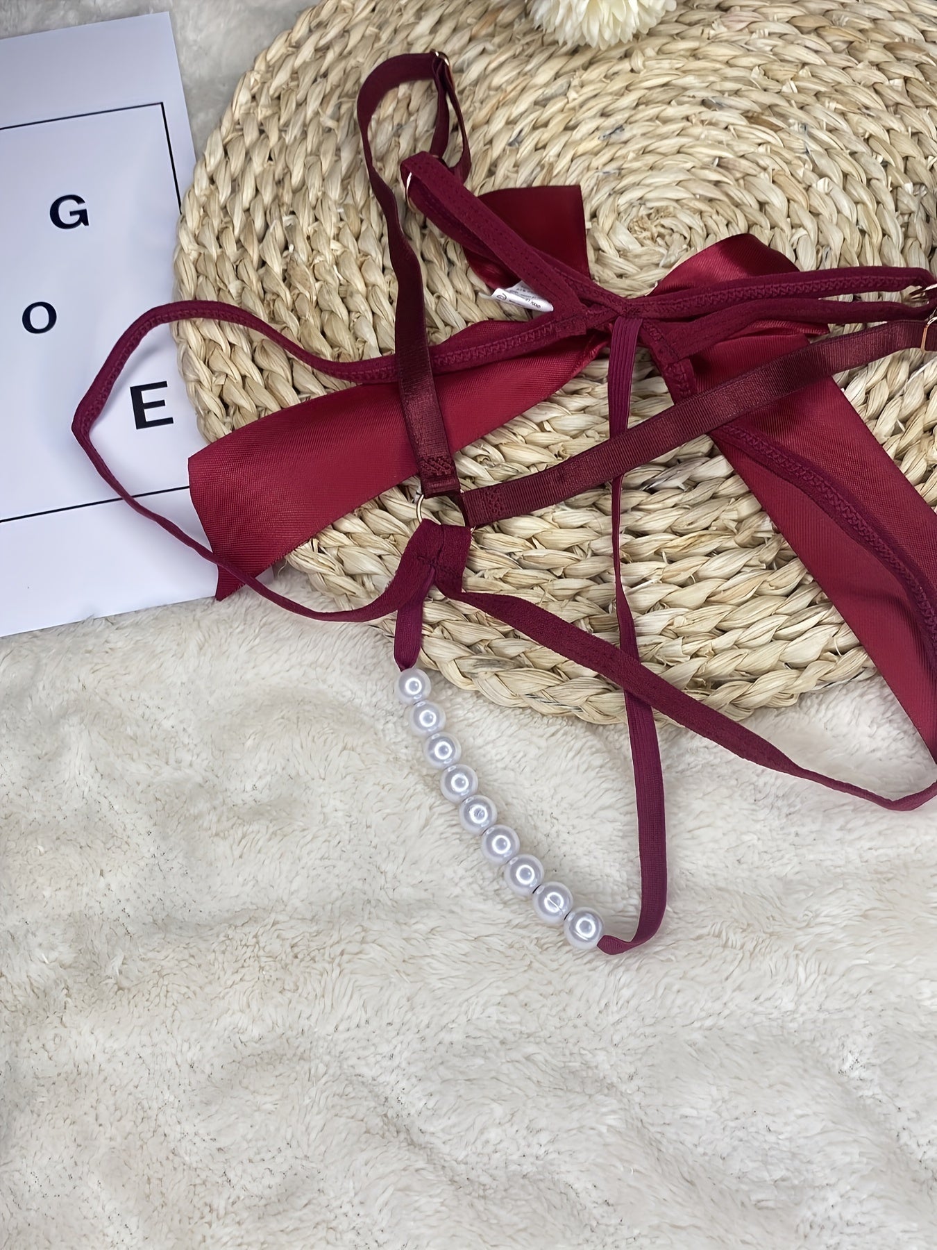 Women's Lace Thongs with Bow Knot and Faux Pearl Decoration Open Crotch Lingerie