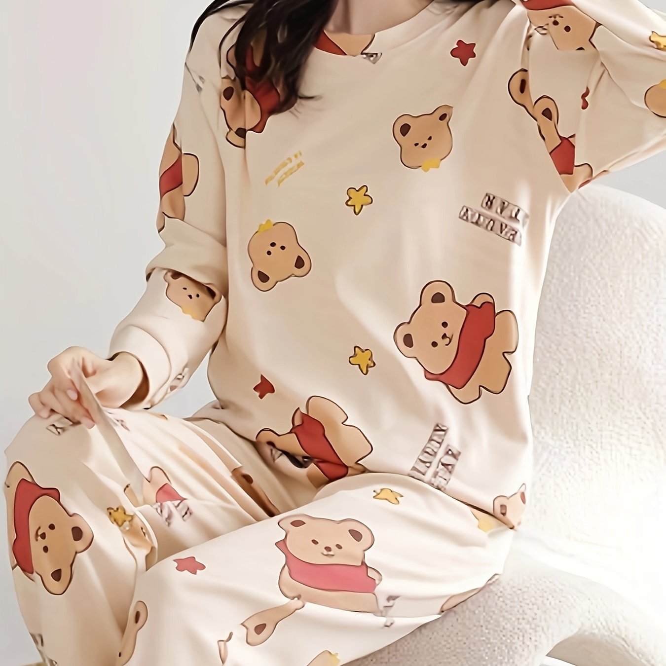 Women's Letter Print Pajama Set Long Sleeve Cozy Fall Lounge Sleepwear