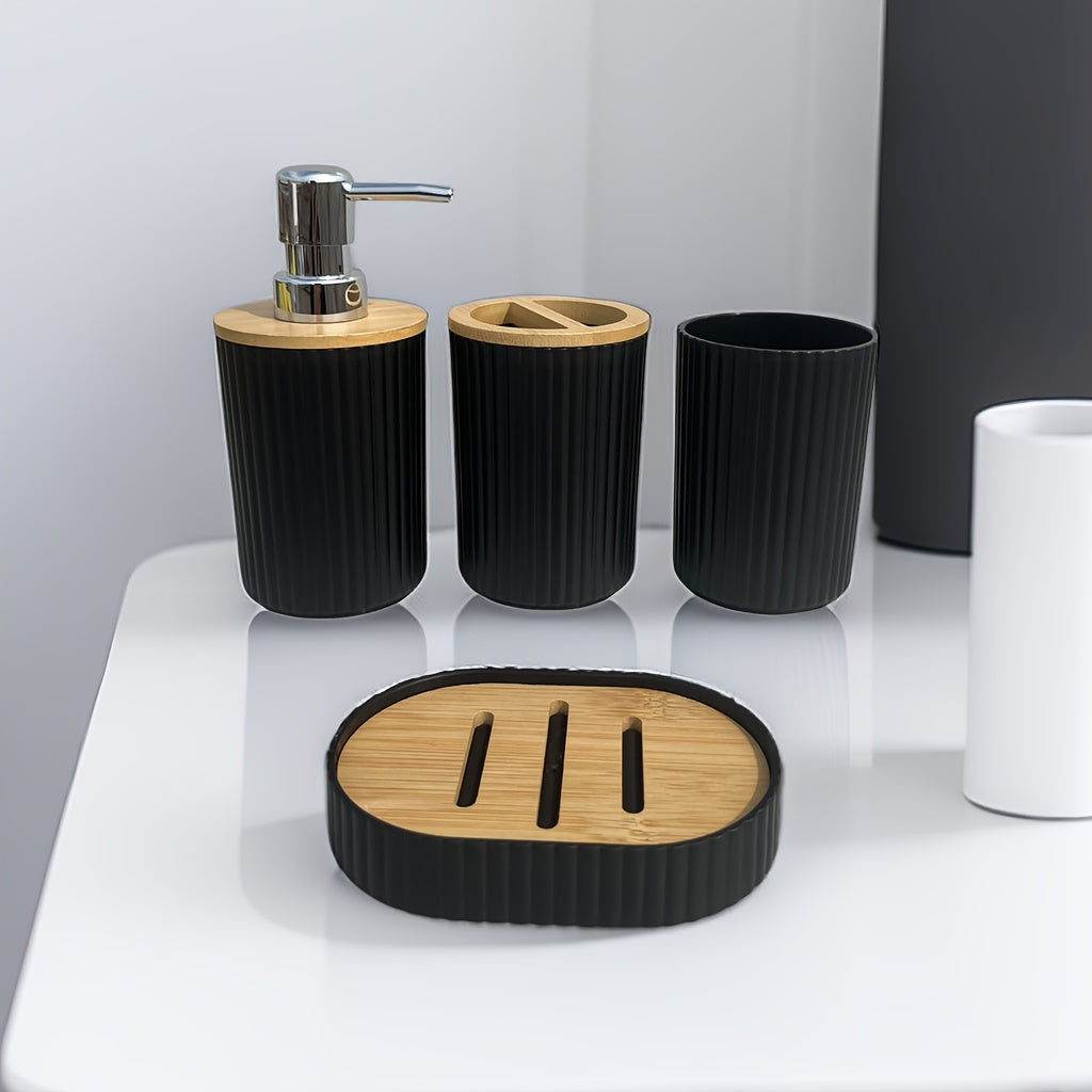 4-Piece Bamboo Bathroom Accessories Set with Dispenser, Toothbrush Holder, Soap Dish and Mat