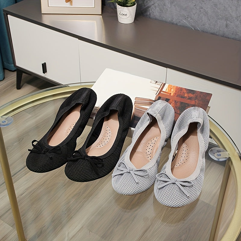 Bailarinas de punto transpirables para mujer con lazo, zapatos casuales sin cordones