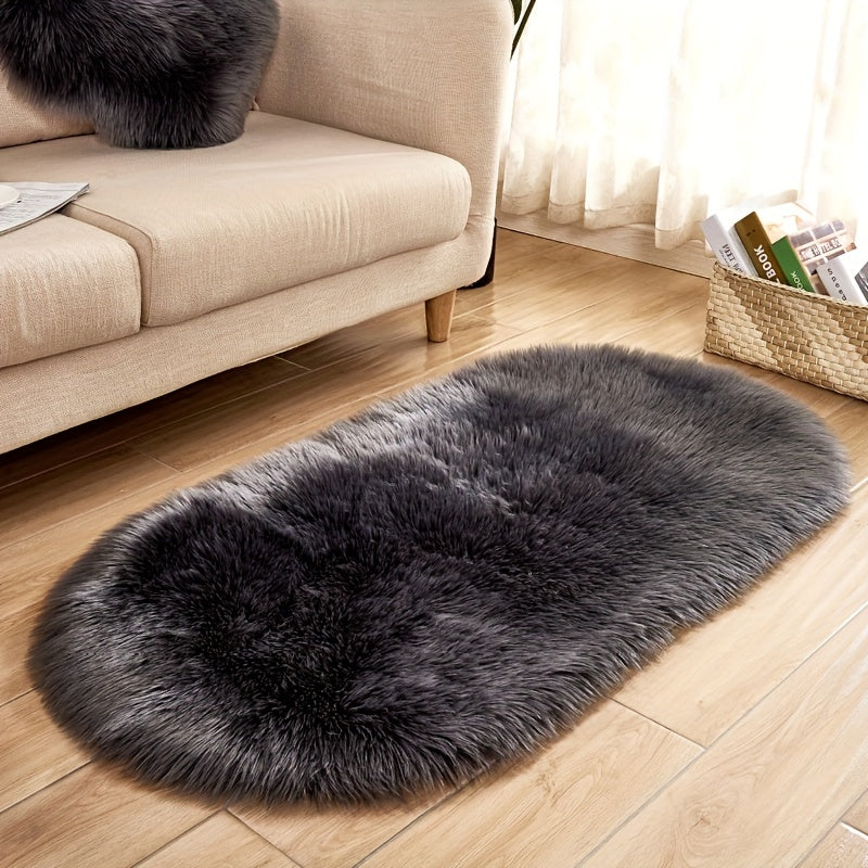Oval Faux Sheepskin Rug Plush Shaggy Carpet Machine Washable Bedroom Living Room