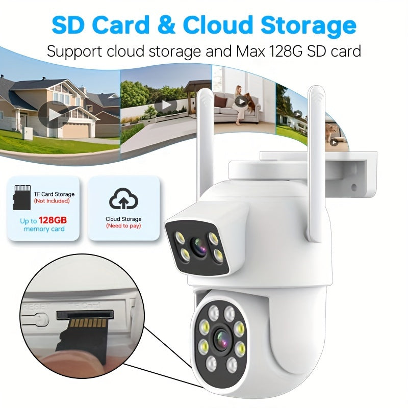 Tashqi simsiz xavfsizlik kamerasi, ikki linzali 360° ko'rinish, ilova xabarlari, rangli tungi ko'rinish, harakatni aniqlash, ikki tomonlama audio, SD/Cloud saqlash, IP65 suv o'tkazmaydigan - 4MP rezolyutsiya, 2.4g/5g Wifi'ni qo'llab-quvvatlaydi.