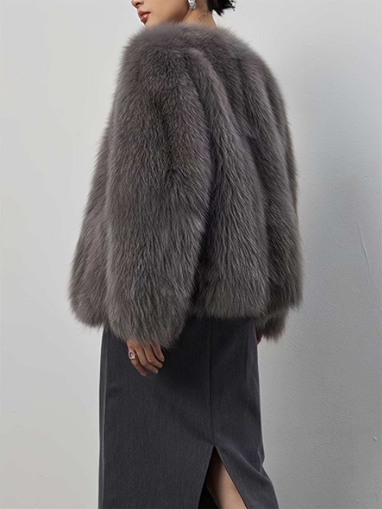 Women's Light Gray Faux Fur Coat with Fluffy Collar for Winter