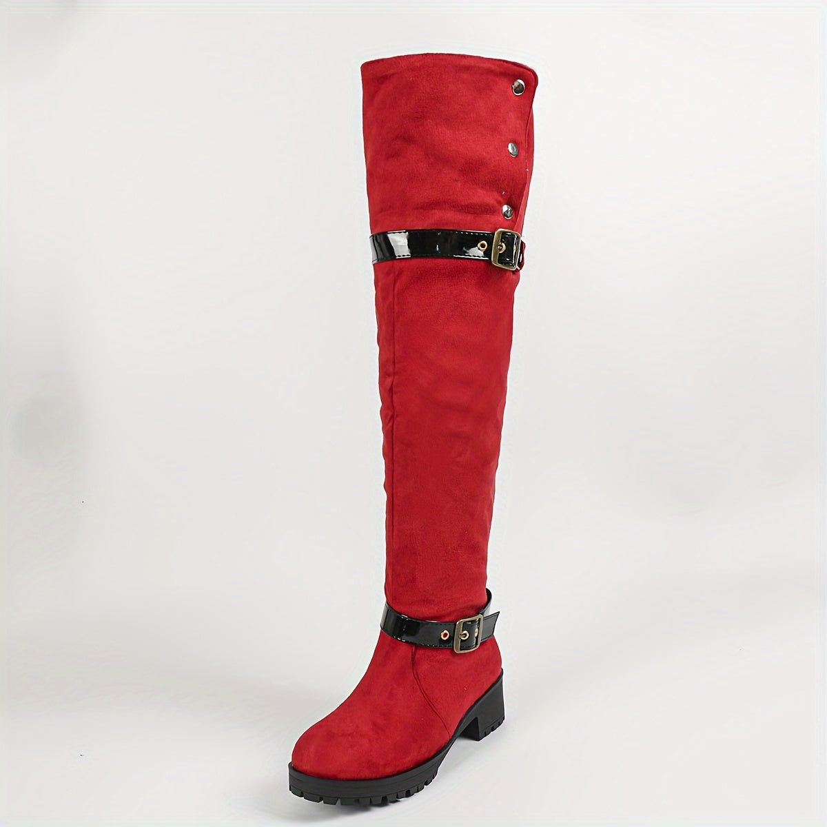 Women's Over-the-Knee Western Boots Buckle Round Toe Winter Lined