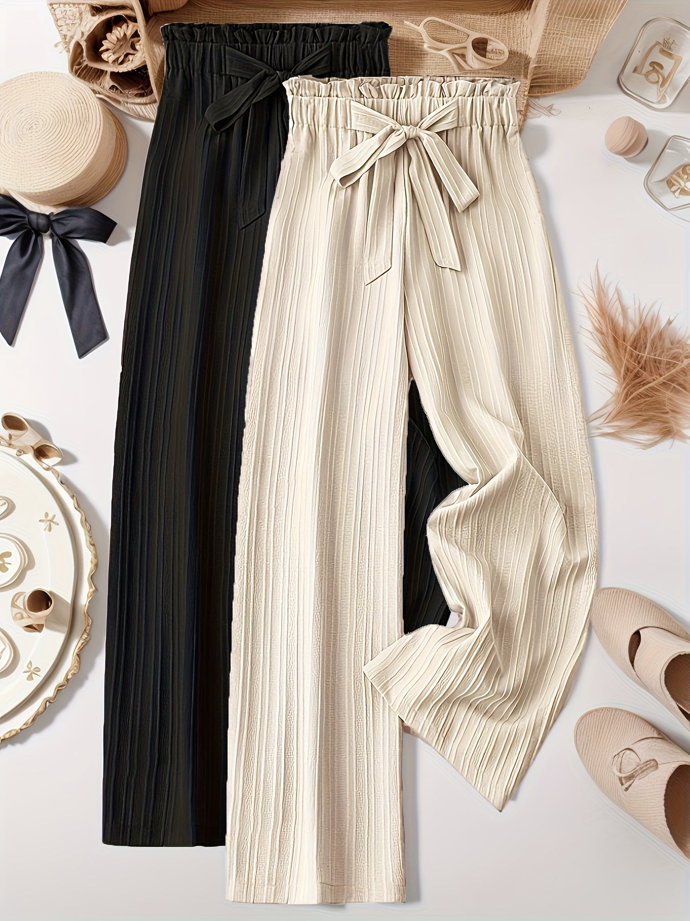 Women's Plus Size Pleated Striped Pants with Bow Detail Two Pack