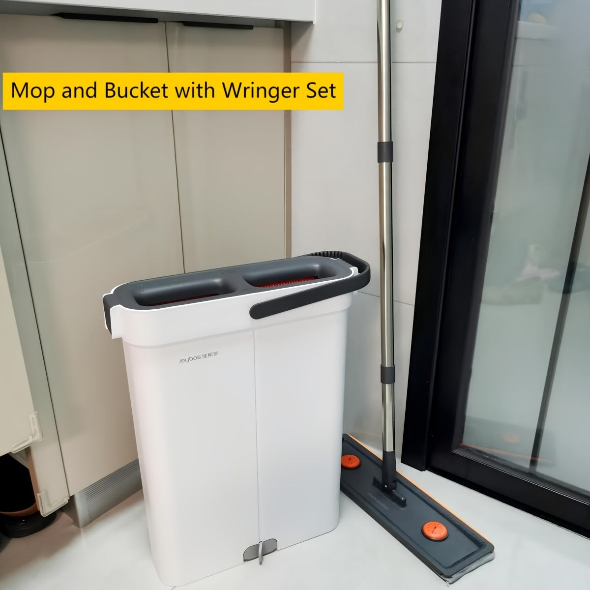 Mopa de exprimido sin manos con escurridor, sistema de cubo plano, mango de 360°, almohadillas de microfibra