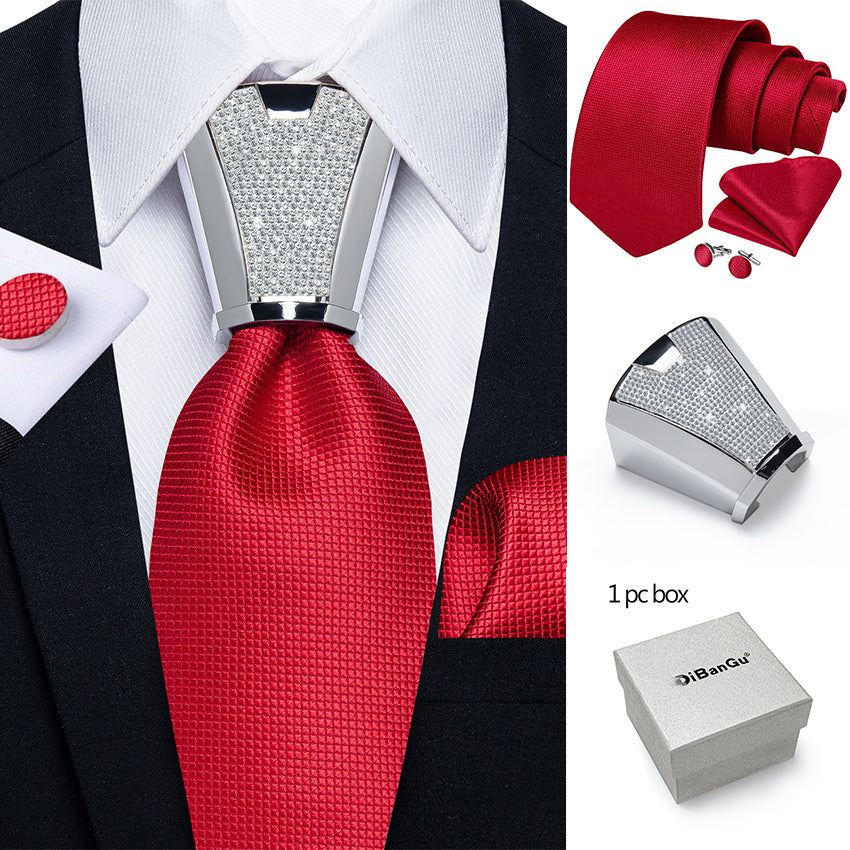 Men's Business Accessory Set with Silver Ring Cufflinks and Handkerchief