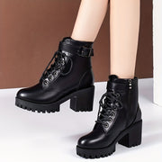 Women's Solid Color Chunky Heel Lace Up Ankle Boots