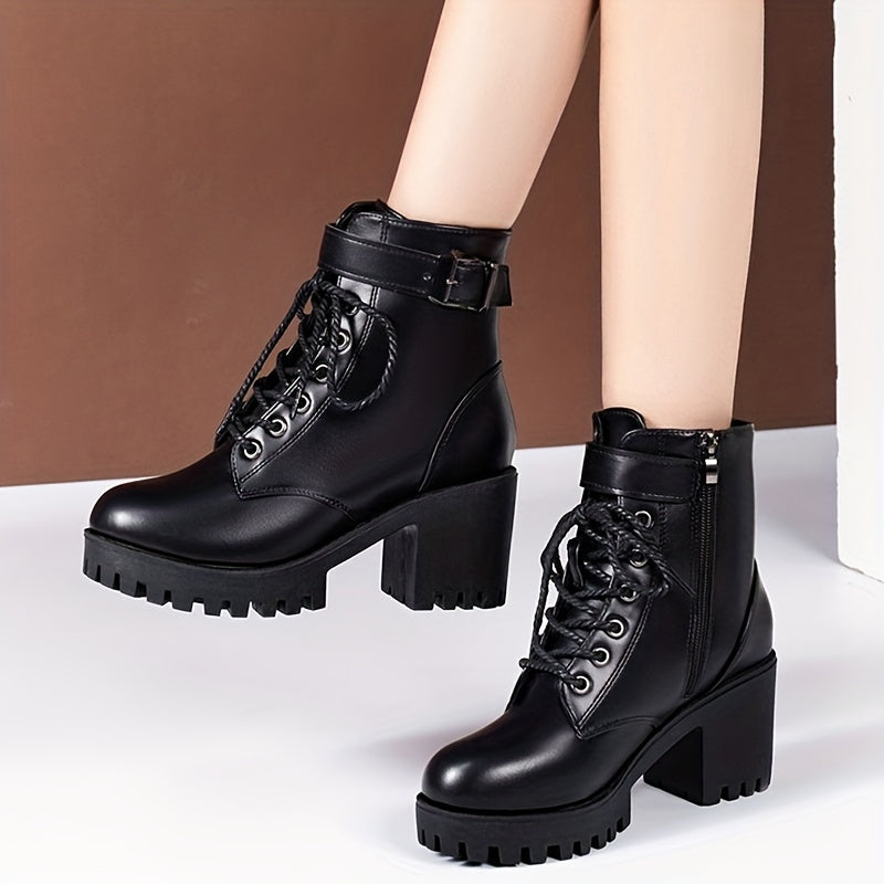 Women's Solid Color Chunky Heel Lace Up Ankle Boots