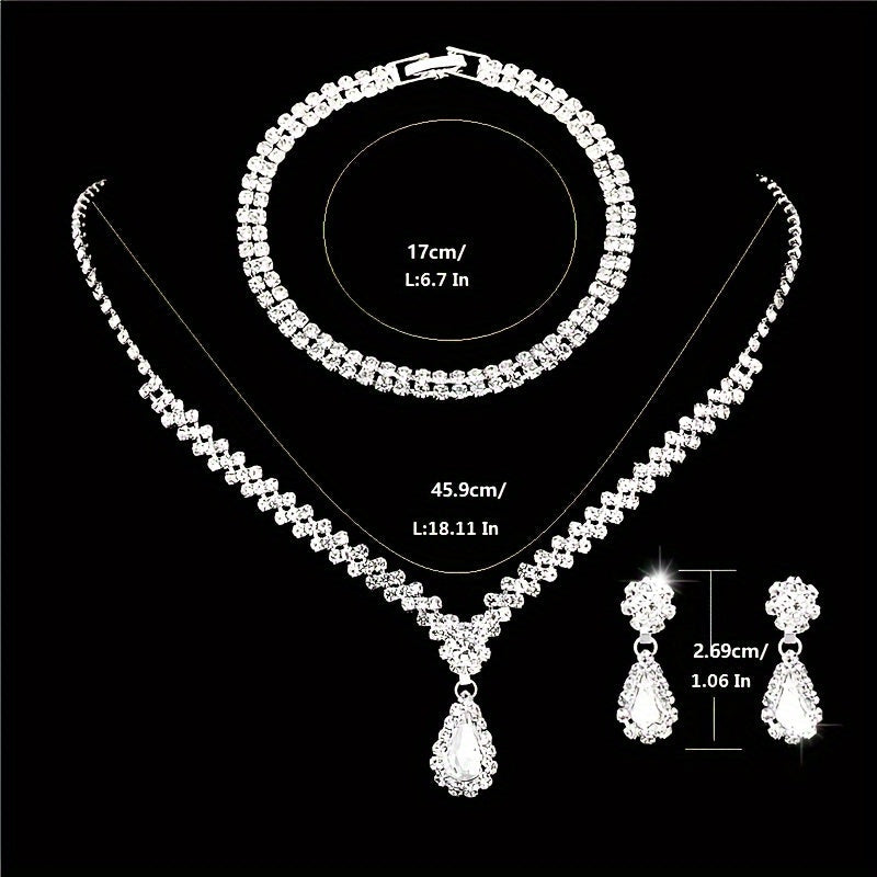 Silver Rhinestone Necklace and Earring Set with Teardrop Pendant for Weddings and Parties