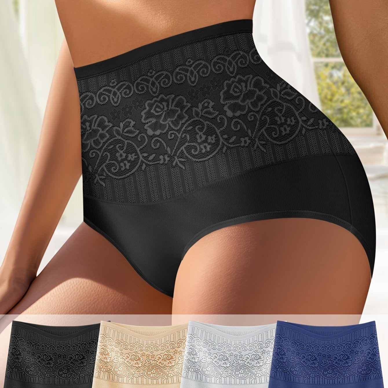 Women's Jacquard Tummy Control Briefs 4-Pack High Waist Soft Knit Fabric