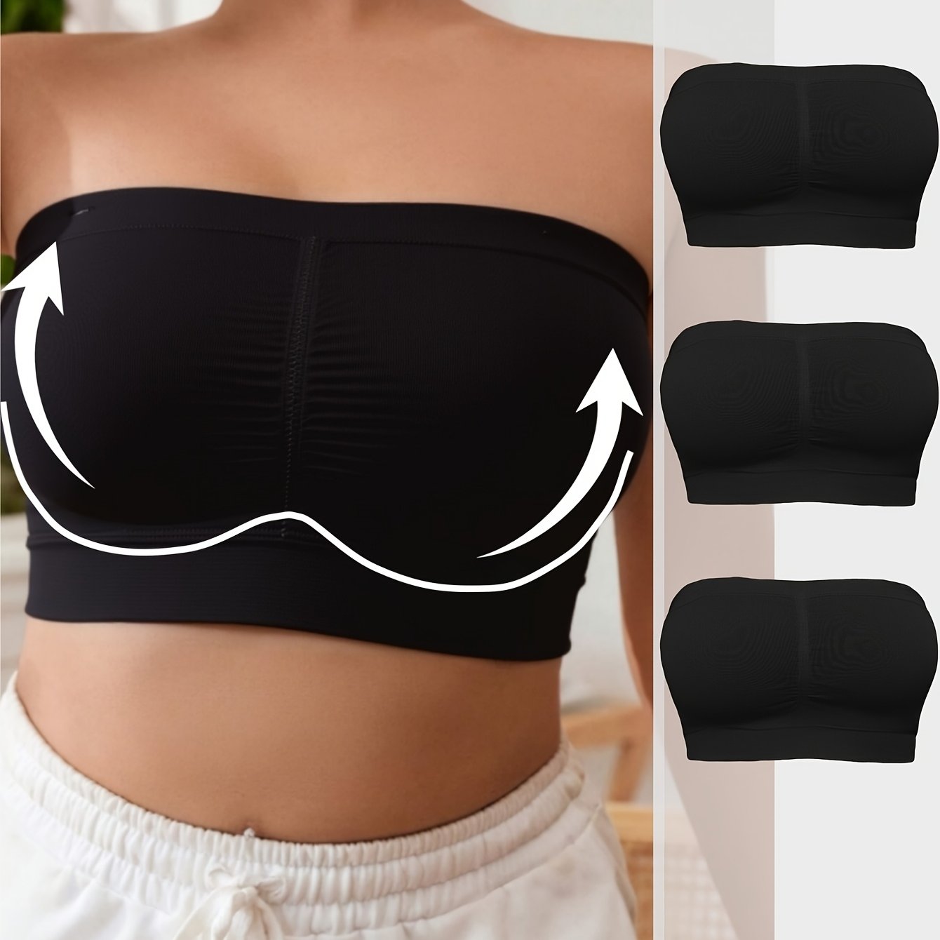 Women's Seamless Wireless Sport Bandeau Bra Pack Black Medium Size