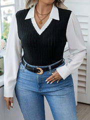 Plus Size Women's Colorblock V-Neck Long Sleeve Blouse Ribbed Knit Semi-Sheer Polyester